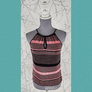 Planet Pink Striped Knit Keyhole Halter Cropped Tank Y2K